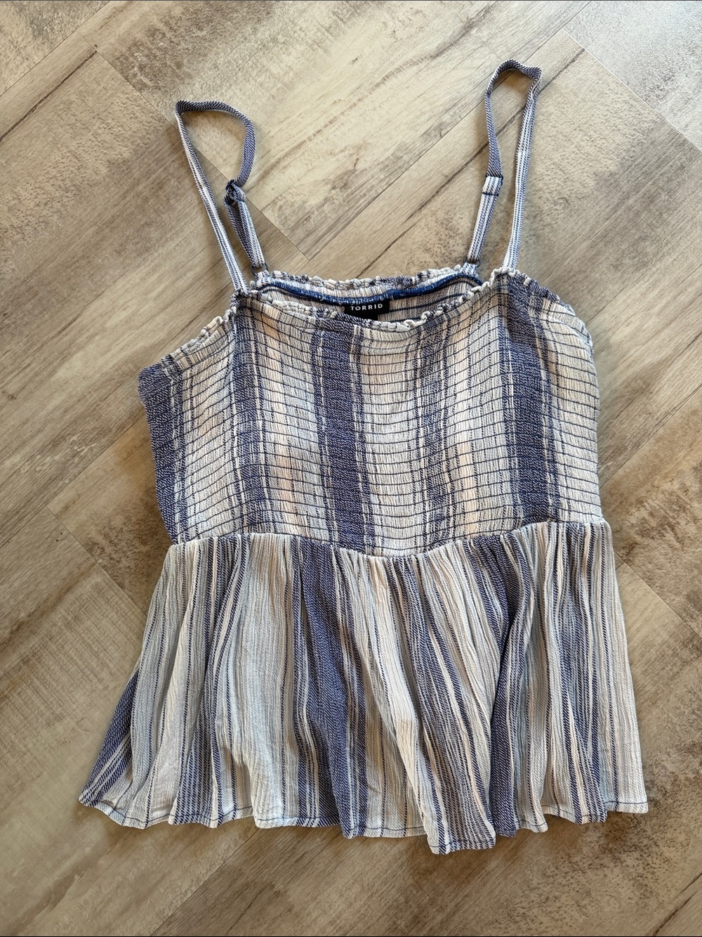 Torrid Blue and Cream Striped Smocked Peplum Cami Top. Like new!